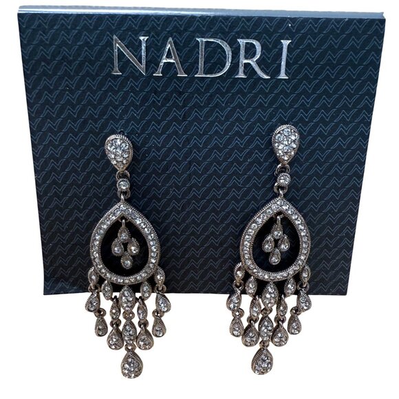 Nadri Silver-Tone Crystal Chandelier Earrings With Teardrop Design & Dangling - Picture 1 of 8